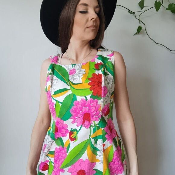 Floral Midi Dress 60s 70s Bark Cloth Bright Spring Vintage - Picture 3 of 9